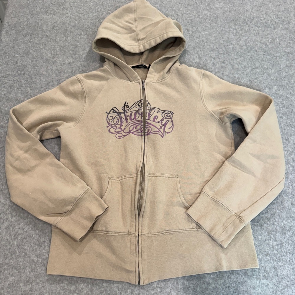 Y2K Hurley Womens Zip Up Hoodie Tan Beige Purple Graphic Logo Skater - Picture 1 of 8